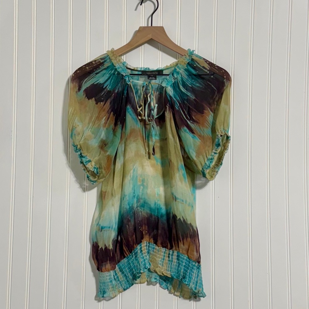 Karen Kane 100% Silk Abstract Blouse Smocked Waist Tie Neck Blue Brown XS Y2K - Picture 2 of 9